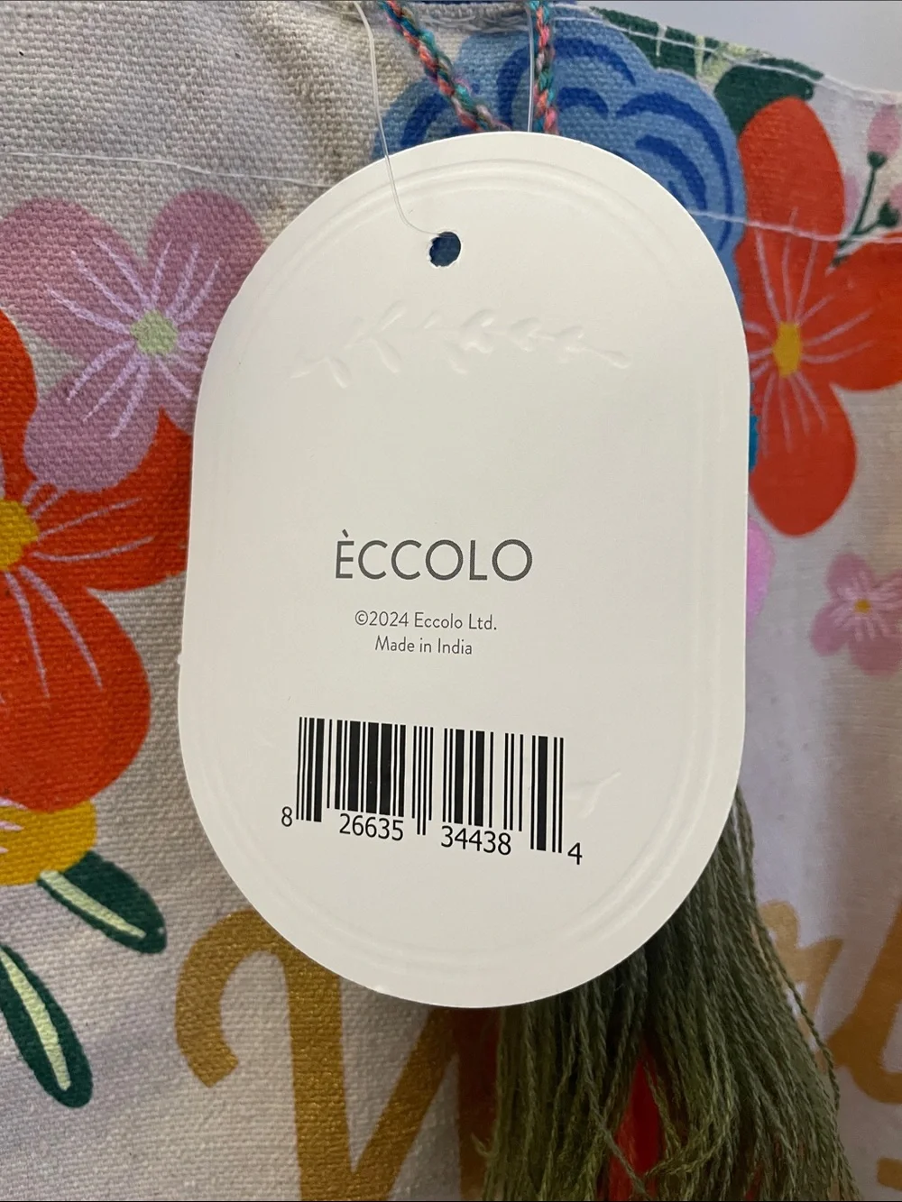Eccolo Natural Canvas Tote with Blue Handles and Floral Accents